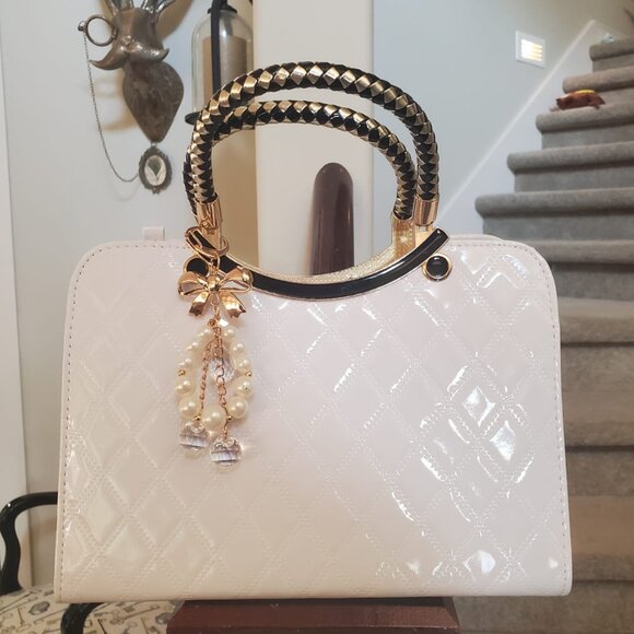 Neiman Marcus Shiny White Patent Leather Floral Charm Handbag - Picture 2 of 5